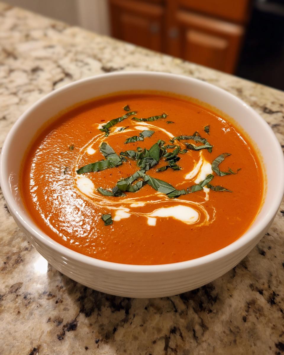 A close-up of a creamy, vibrant red tomato bisque topped with a swirl of cream and fresh, chopped basil.