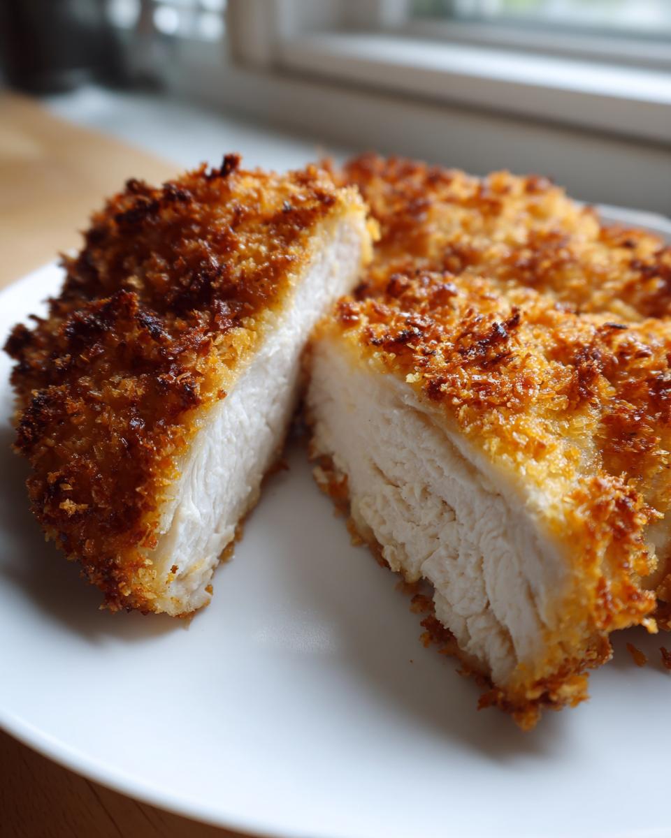 Cross-section of perfectly cooked parmesan crusted chicken showing a golden, crispy exterior and moist white meat inside.