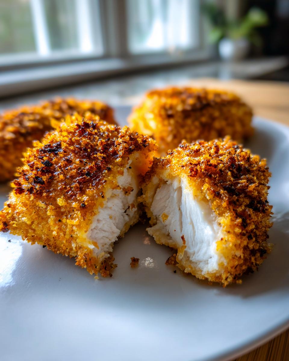 Close-up of juicy parmesan crusted chicken cut in half showing white interior.