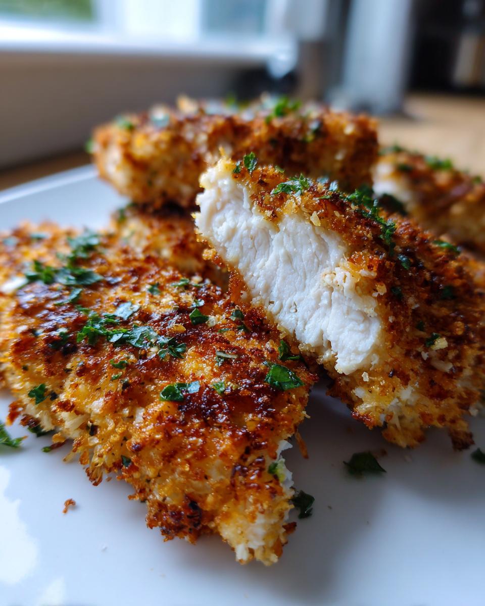 Cross-section view showing the juicy white meat inside a perfectly browned parmesan crusted chicken piece.
