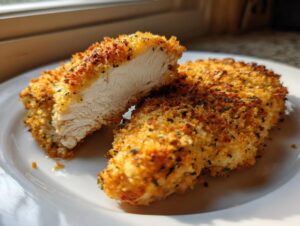 Close-up of parmesan crusted chicken cut in half showing juicy white meat inside the crispy coating.