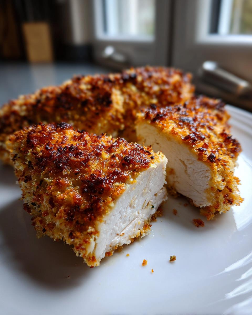 Close-up of juicy parmesan crusted chicken breast, sliced to show the white interior and golden, crispy crust.