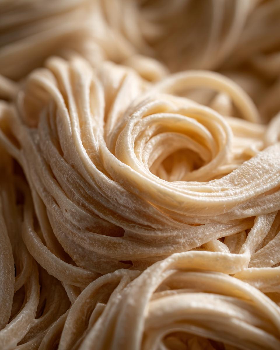 Close-up of fettuccine pasta noodles coated in a rich, creamy vegan alfredo sauce.