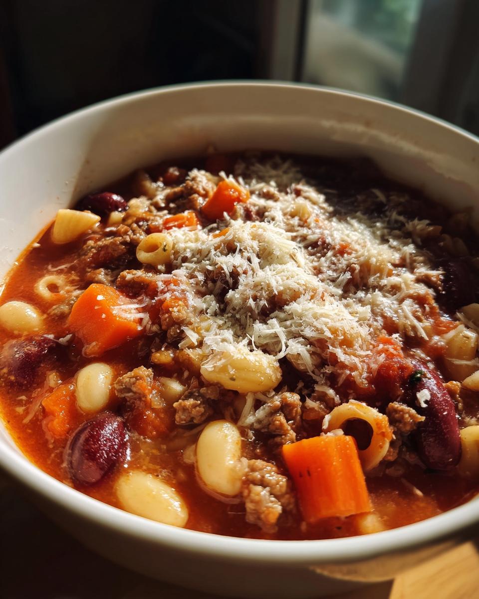 Close-up of a warm bowl of pasta e fagioli soup topped generously with grated Parmesan cheese.