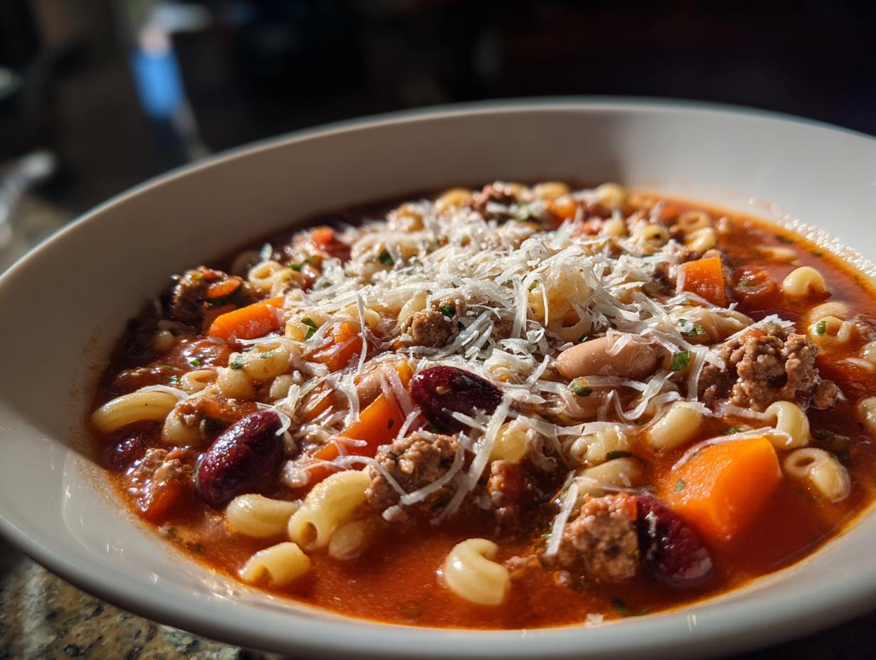 Close-up of a steaming bowl of pasta e fagioli topped generously with shredded parmesan cheese.