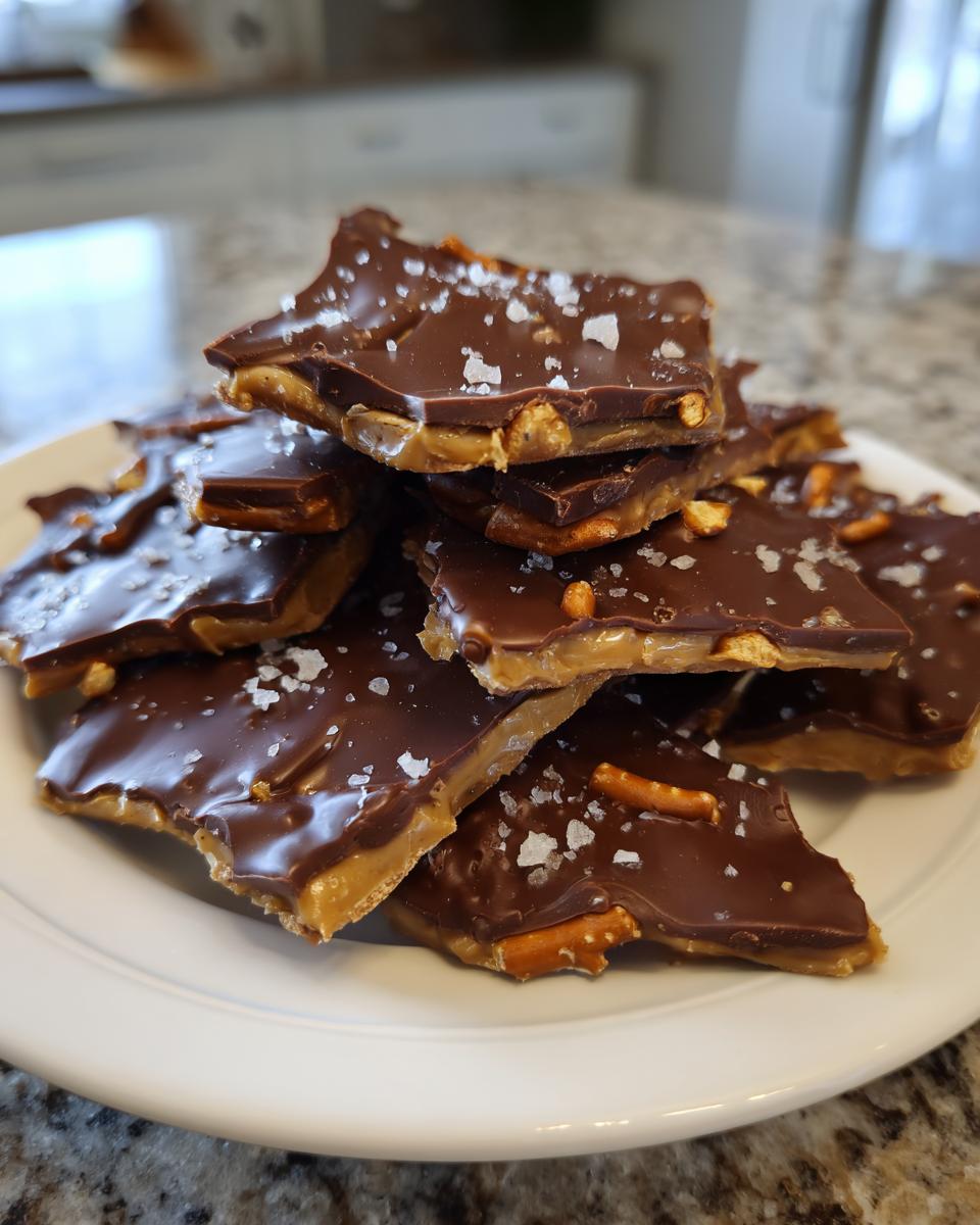 A stack of broken pieces of peanut butter pretzel bark topped with flaky sea salt.