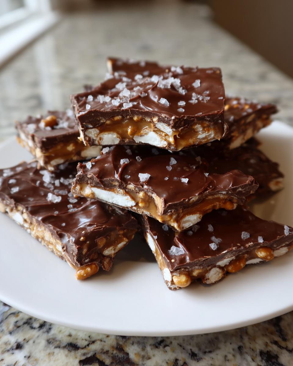 Stack of rich chocolate peanut butter pretzel bark squares topped with flaky sea salt.