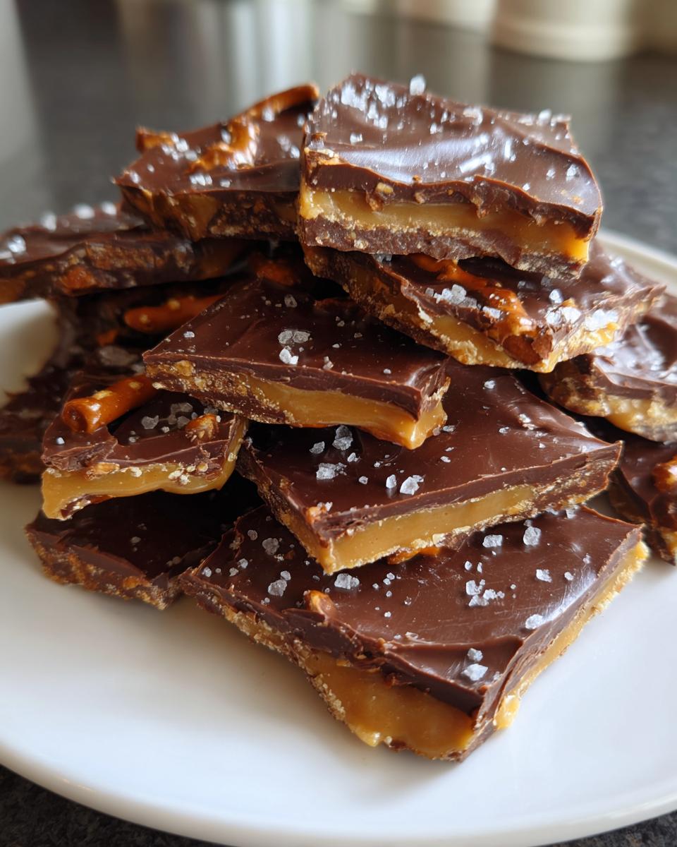 A stack of squares of peanut butter pretzel bark featuring layers of chocolate, caramel, and visible pretzel pieces, topped with flaky sea salt.