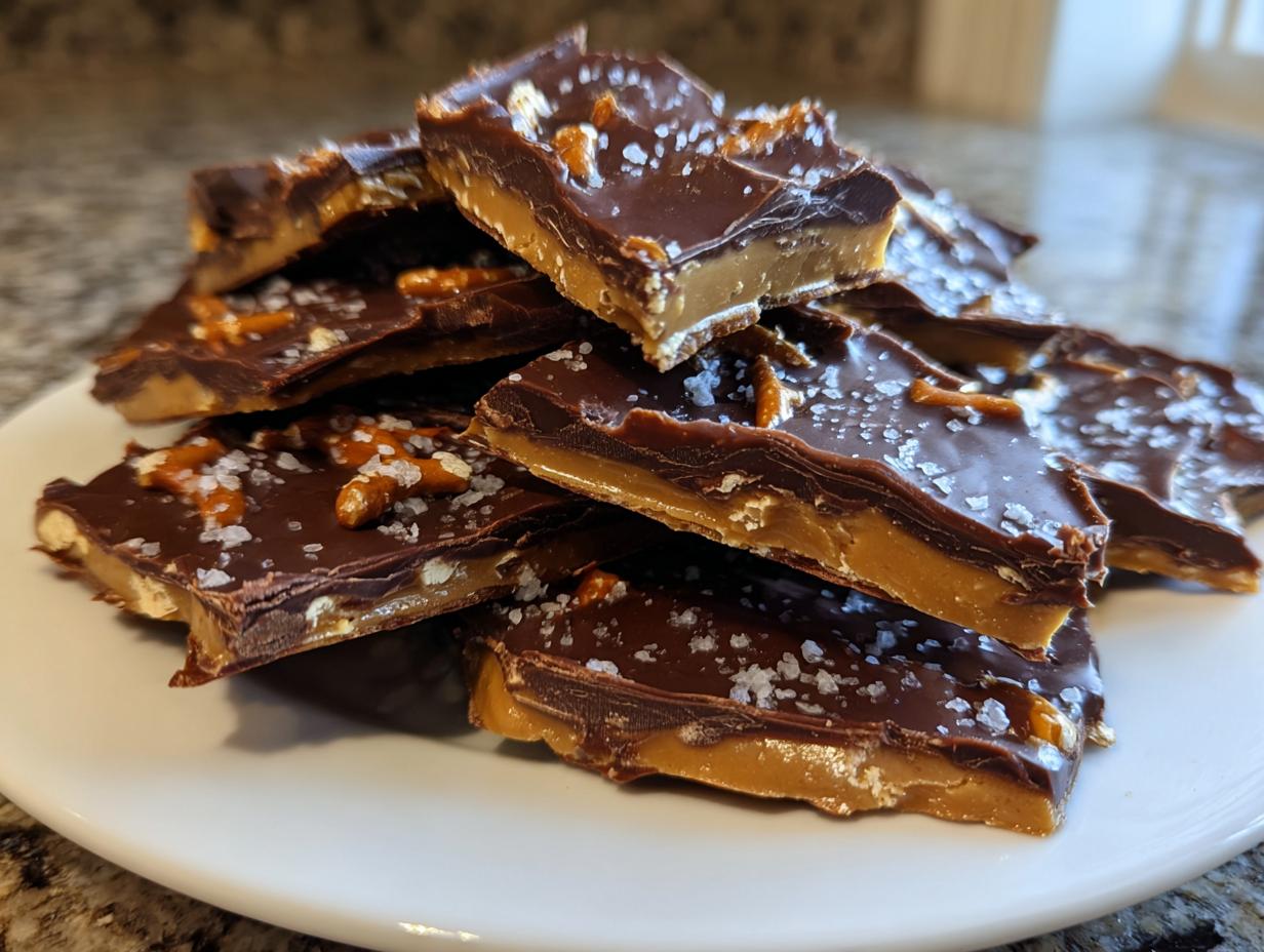 A stack of rich peanut butter pretzel bark pieces topped with sea salt and pretzel bits.