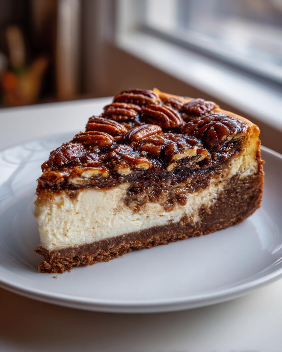 A perfect slice of pecan pie cheesecake featuring a graham cracker crust, creamy filling, and a topping of glazed pecans.