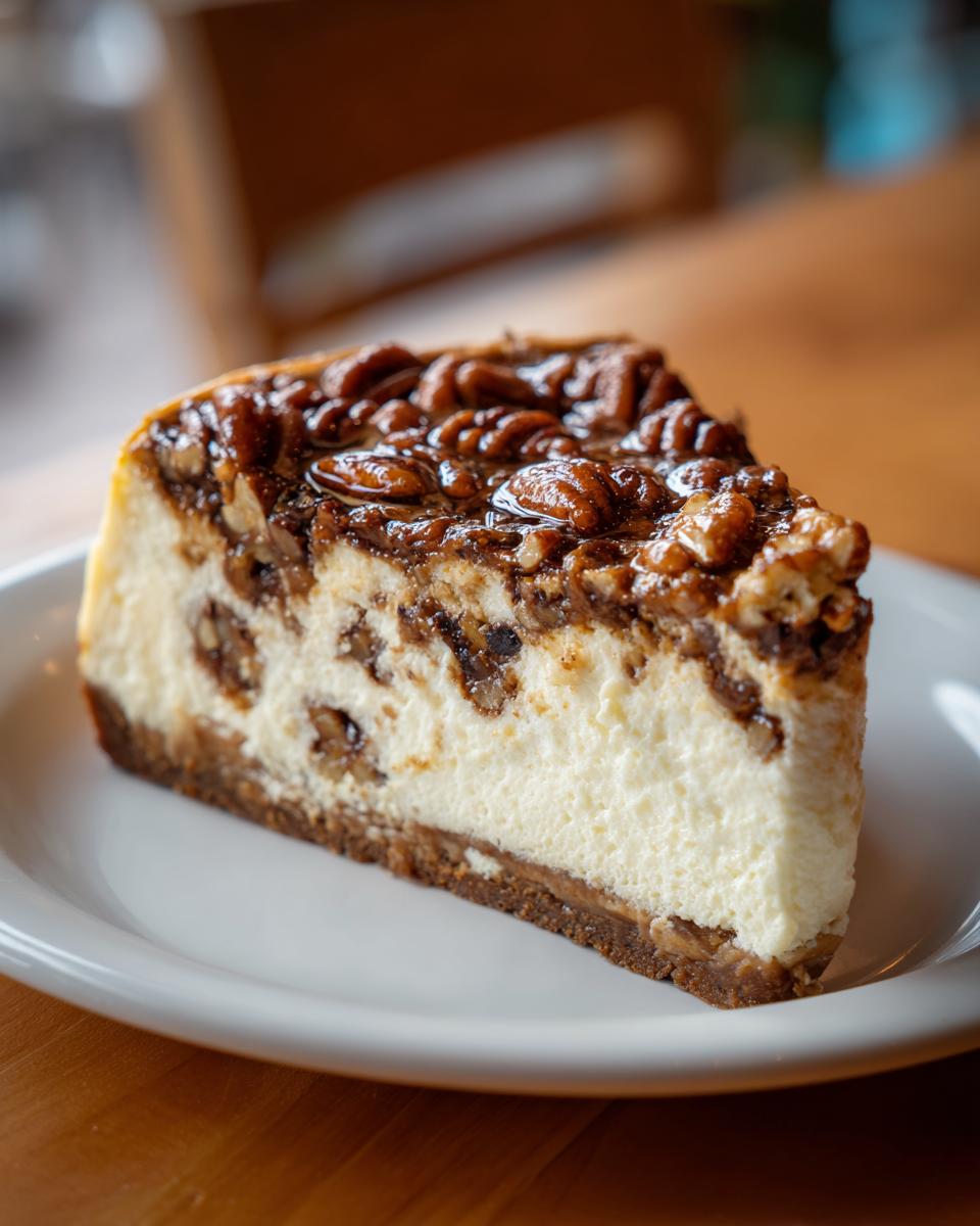 A decadent slice of pecan pie cheesecake showing a creamy white filling, graham cracker crust, and glossy pecan topping.