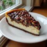A perfect slice of pecan pie cheesecake on a white plate, featuring a graham cracker crust and glossy pecan topping.