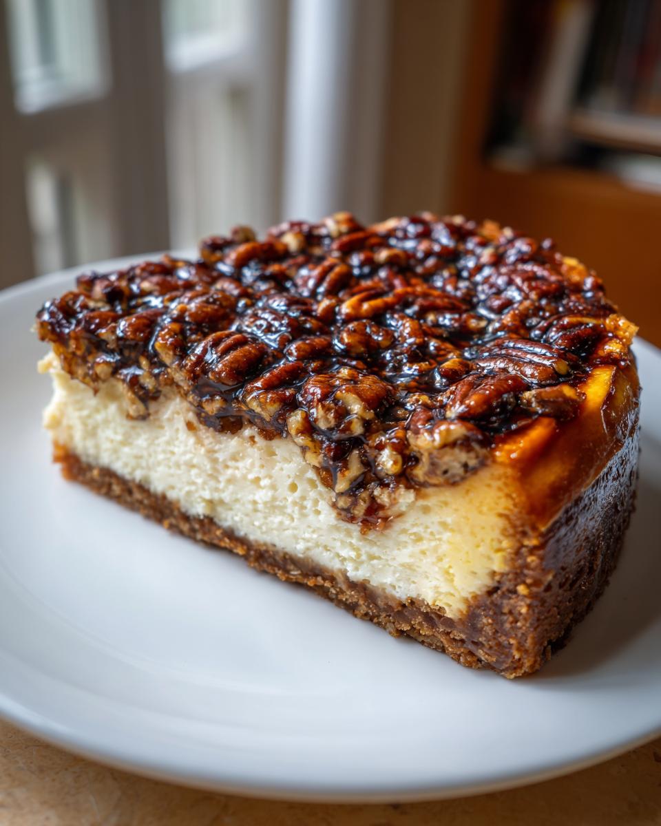 A perfect slice of pecan pie cheesecake showing a thick graham cracker crust, creamy filling, and glossy pecan topping.