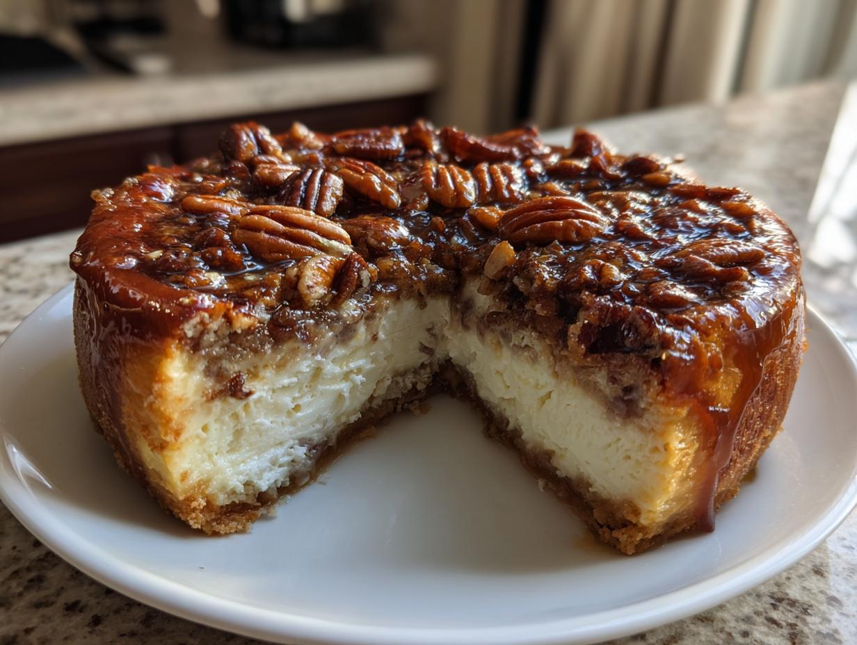 A decadent pecan pie cheesecake with a slice cut out, showing the creamy center and pecan topping.