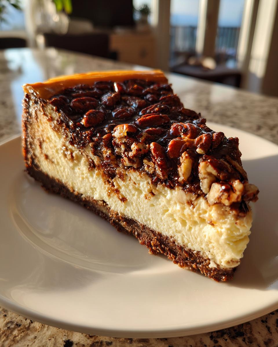A perfect slice of pecan pie cheesecake featuring a dark crust, creamy filling, and a rich pecan topping.