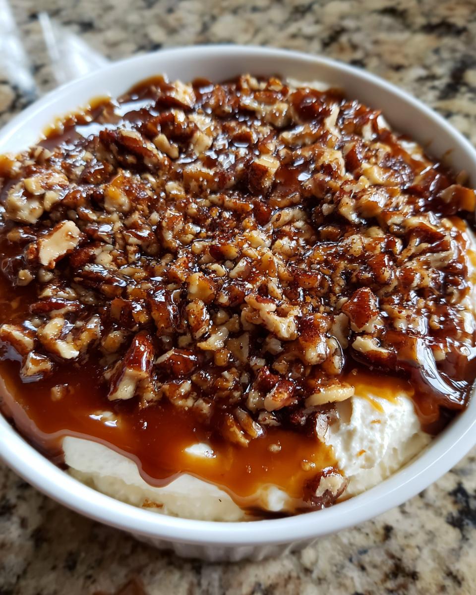 Close-up of a creamy pecan pie dip topped generously with caramel sauce and chopped pecans.