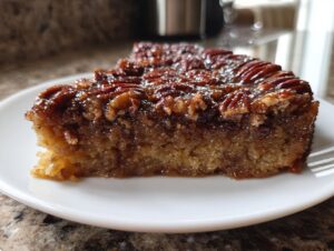 Close-up of a moist slice of pecan upside down cake with a glossy, caramelized pecan topping.