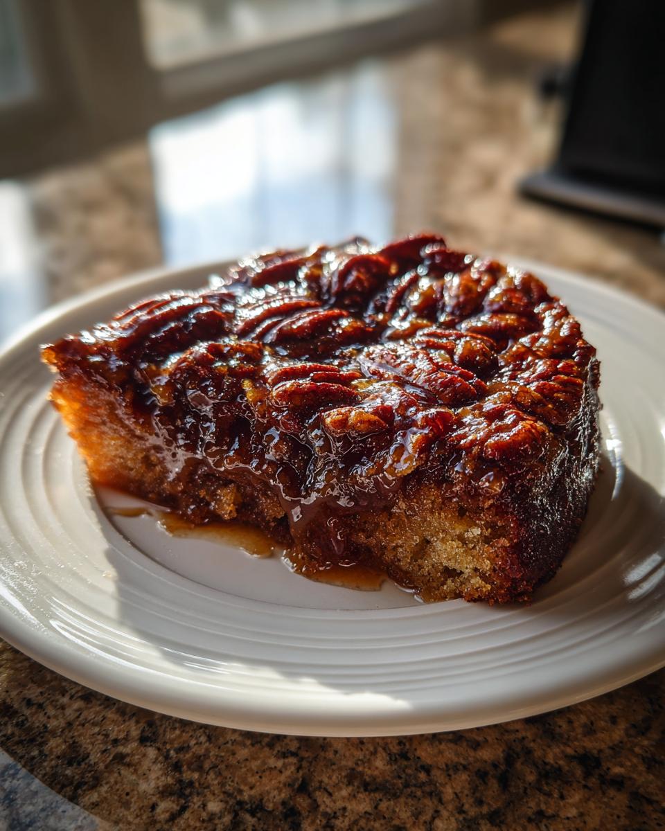 A close-up of a single slice of pecan upside down cake with a rich, glossy caramel topping.