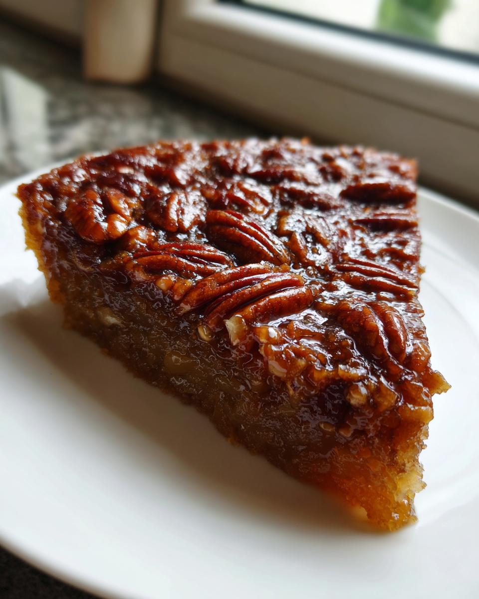 A close-up slice of rich, gooey pecan upside down cake topped with glazed pecans on a white plate.