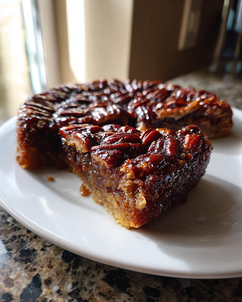 A slice of rich, gooey pecan upside down cake sits on a white plate next to the rest of the cake.