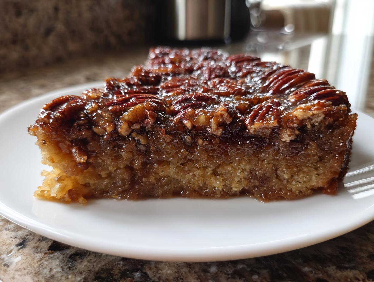 Close-up of a moist slice of pecan upside down cake with a glossy, caramelized pecan topping.