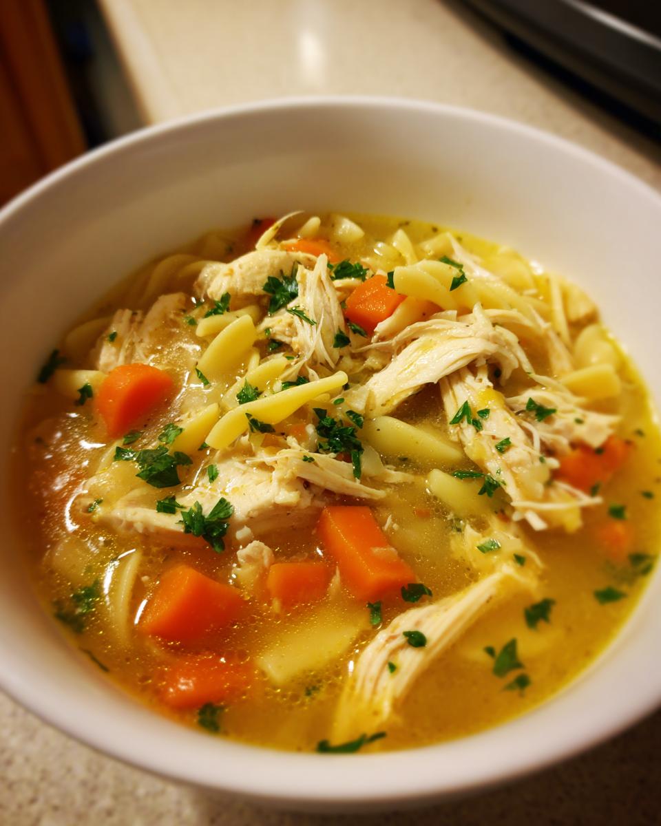 Close-up of a white bowl filled with rich, golden penicillin soup featuring shredded chicken, egg noodles, and diced carrots, topped with parsley.