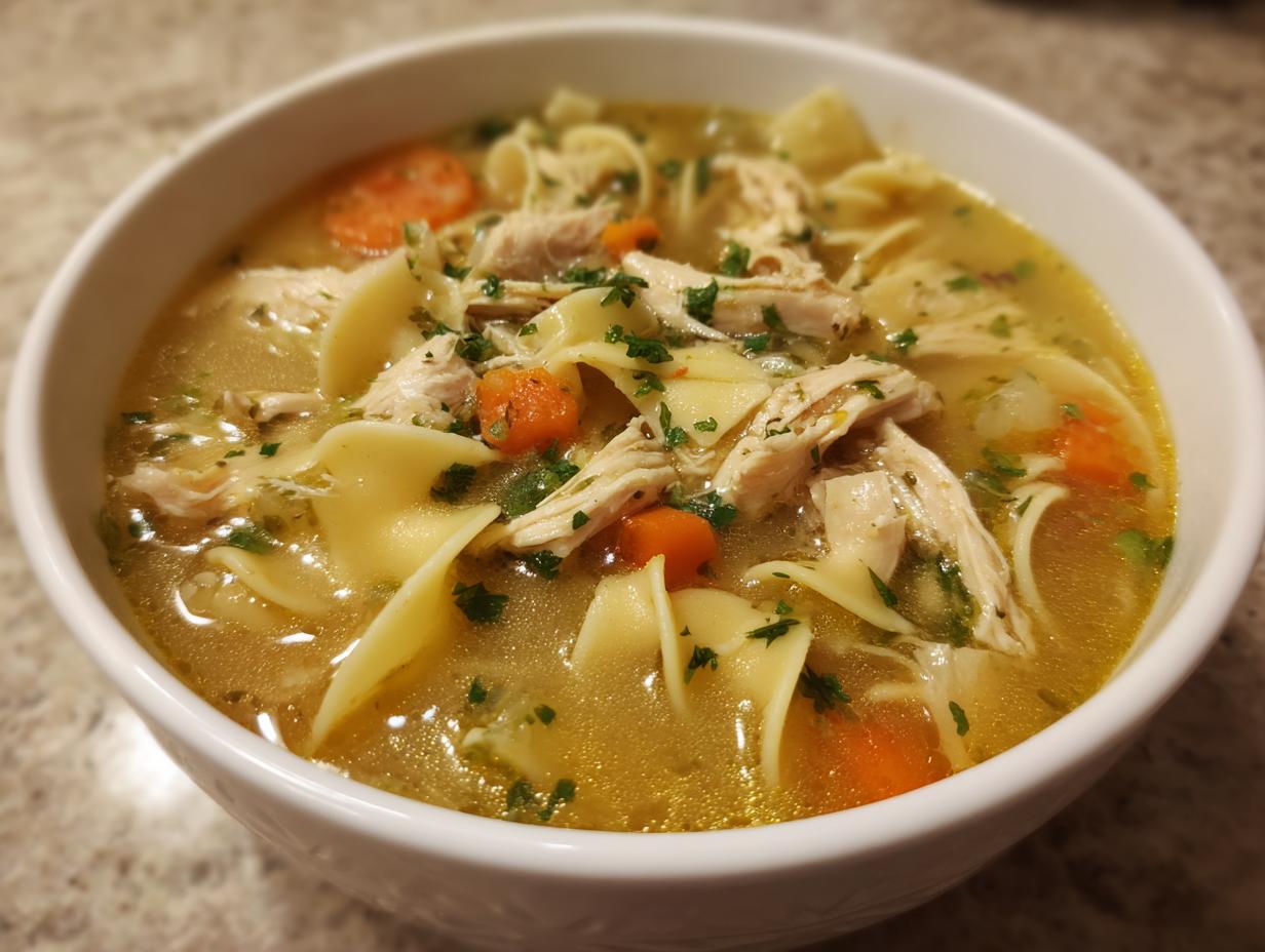 Close-up of a white bowl filled with rich, golden penicillin soup featuring shredded chicken, egg noodles, and sliced carrots.