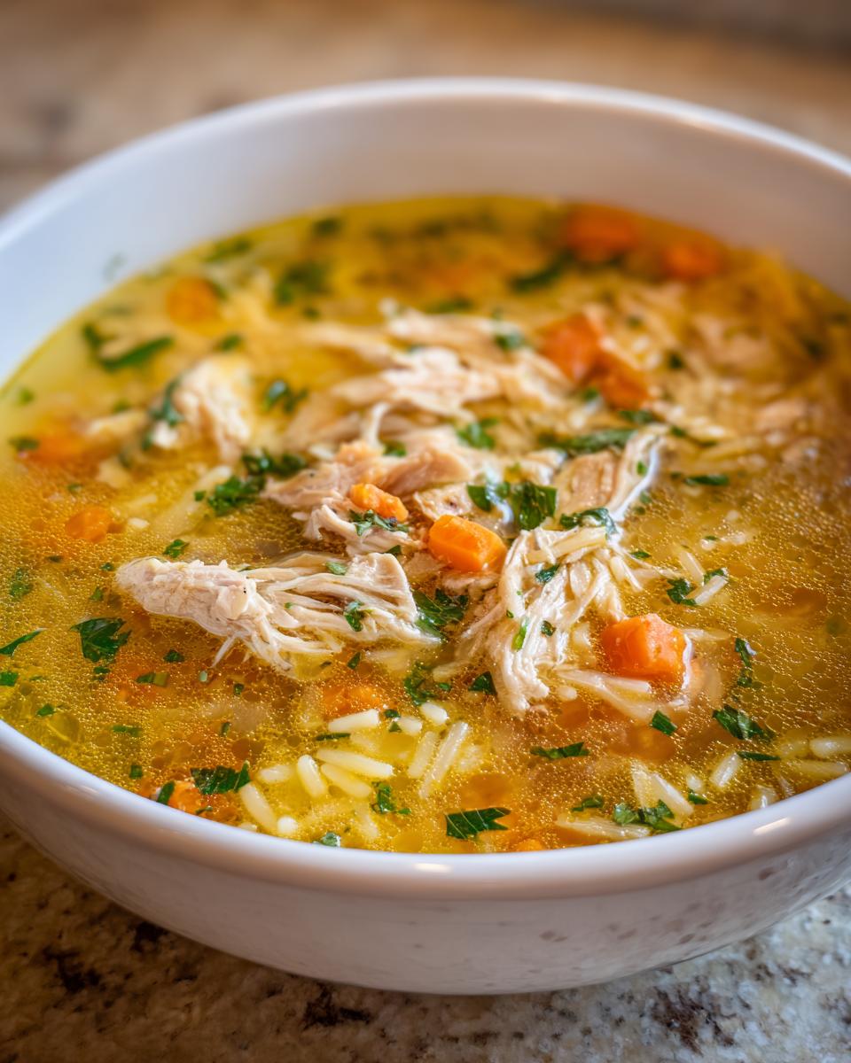 Close-up of a white bowl filled with golden penicillin soup, featuring shredded chicken, rice, carrots, and parsley.