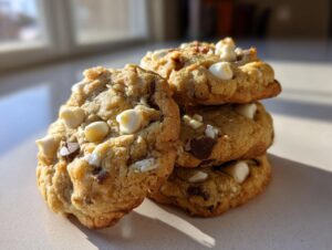 A stack of four soft, golden peppermint chocolate chip cookies featuring white chocolate chips and dark chocolate chunks.