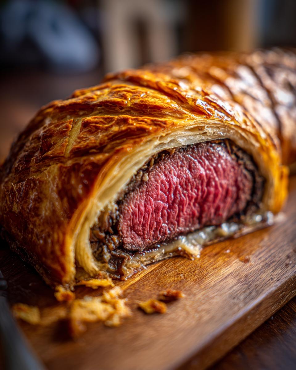 Close-up of a perfectly cooked beef wellington recipe showing a medium-rare center wrapped in golden puff pastry.