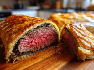 Close-up of a sliced beef wellington recipe showing medium-rare beef inside golden puff pastry.