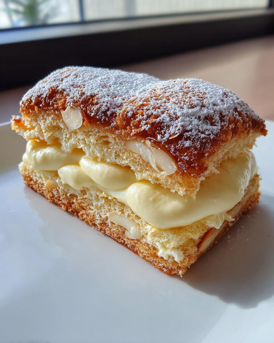 A close-up of one perfect slice of bee sting cake layered with thick vanilla cream and topped with powdered sugar.