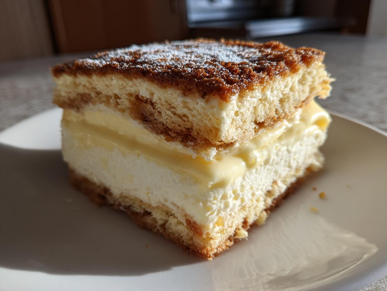 A close-up of a single, tall slice of bee sting cake showing layers of sponge, cream, and caramelized topping.