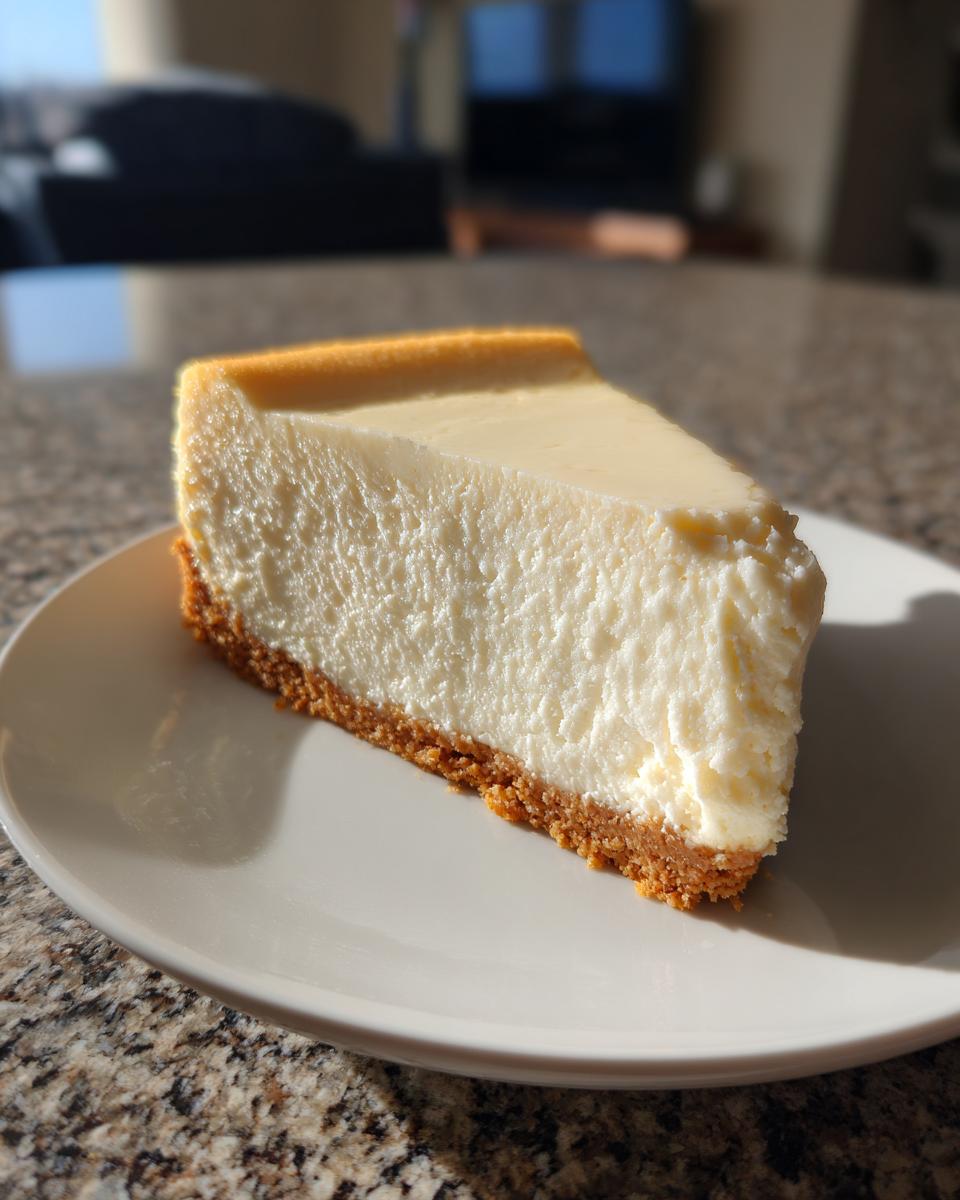 A perfectly smooth, tall slice of classic cheesecake recipe on a white plate, showing a thick graham cracker crust.
