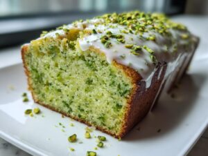 A close-up view of a freshly baked pistachio bread loaf, sliced to show the green crumb, topped with white glaze and chopped pistachios.