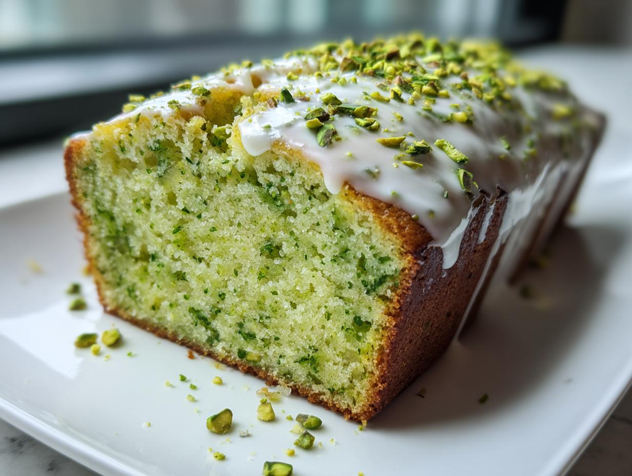 A close-up view of a freshly baked pistachio bread loaf, sliced to show the green crumb, topped with white glaze and chopped pistachios.
