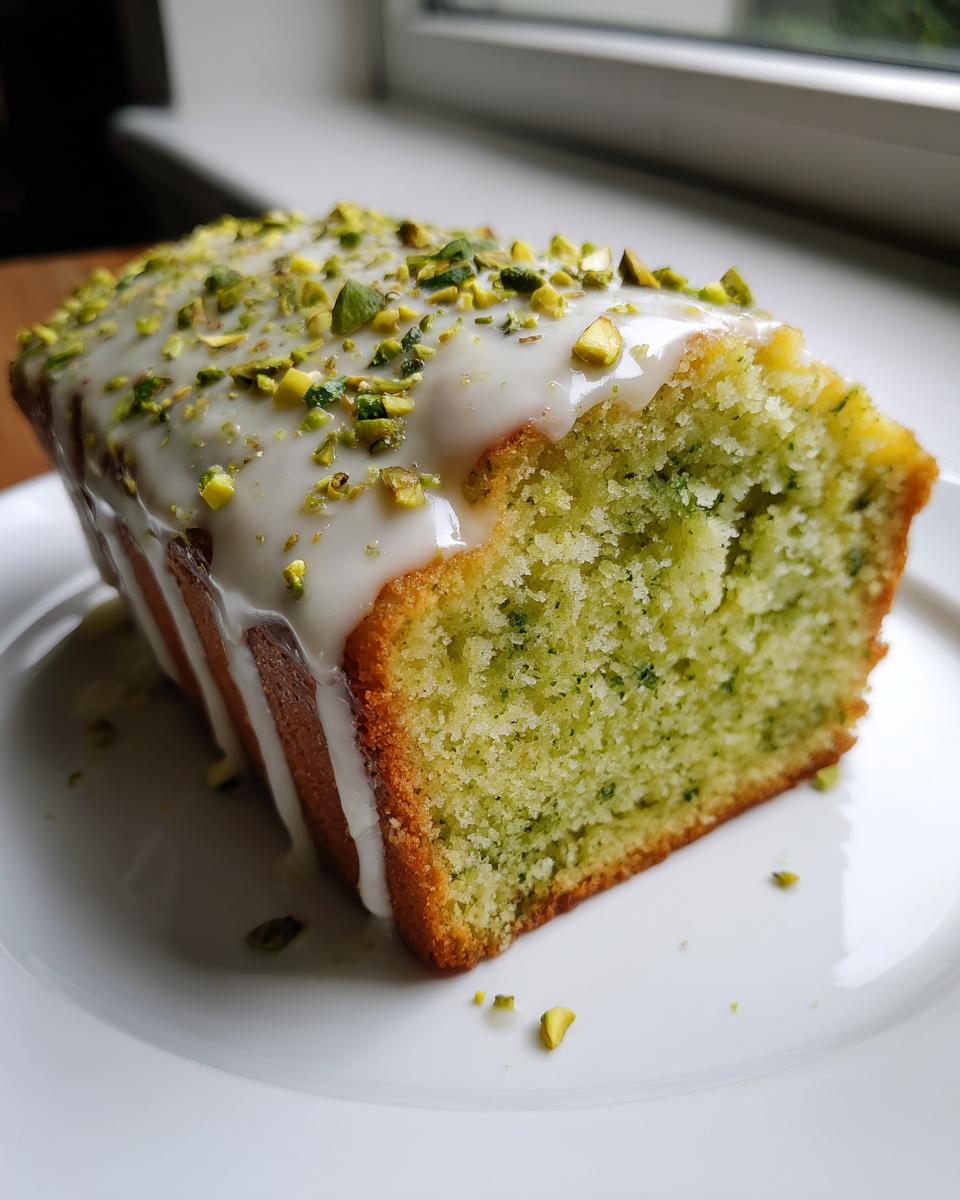 A close-up of a slice of moist pistachio bread topped with white icing and chopped pistachios.