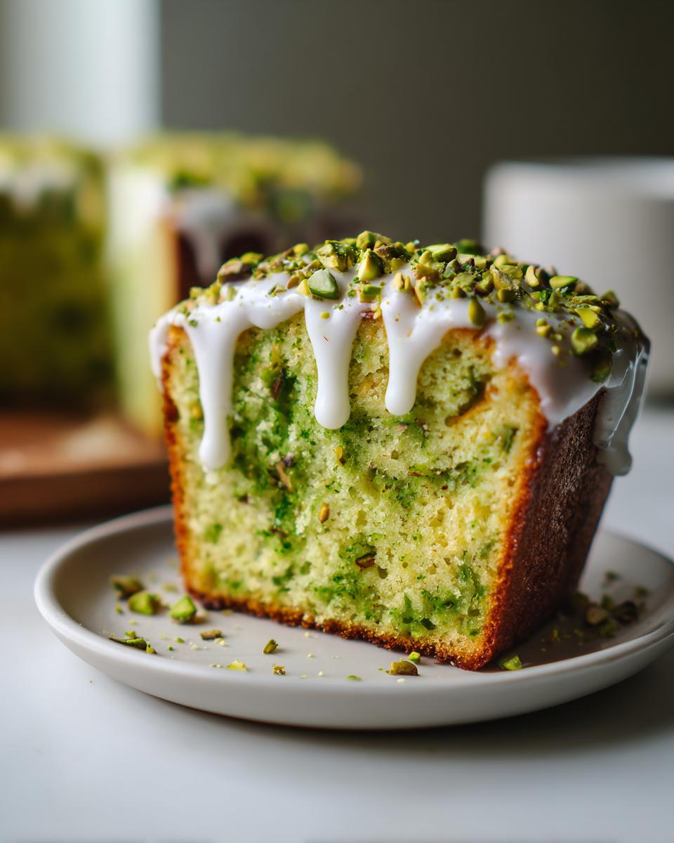 A moist slice of green pistachio bread topped with white glaze and chopped pistachios.