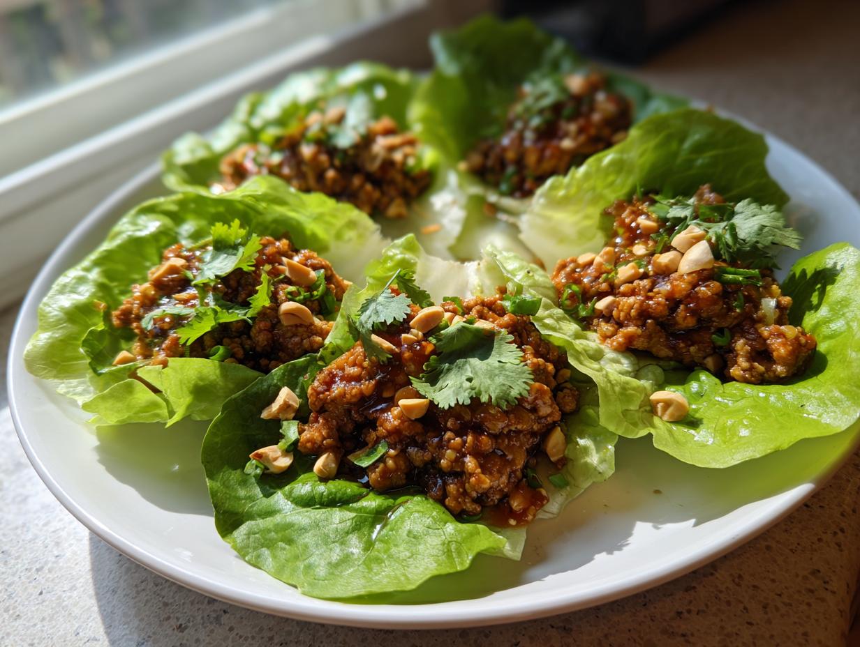 Four servings of thai chicken lettuce wraps on a white plate, topped with chopped peanuts and fresh cilantro.