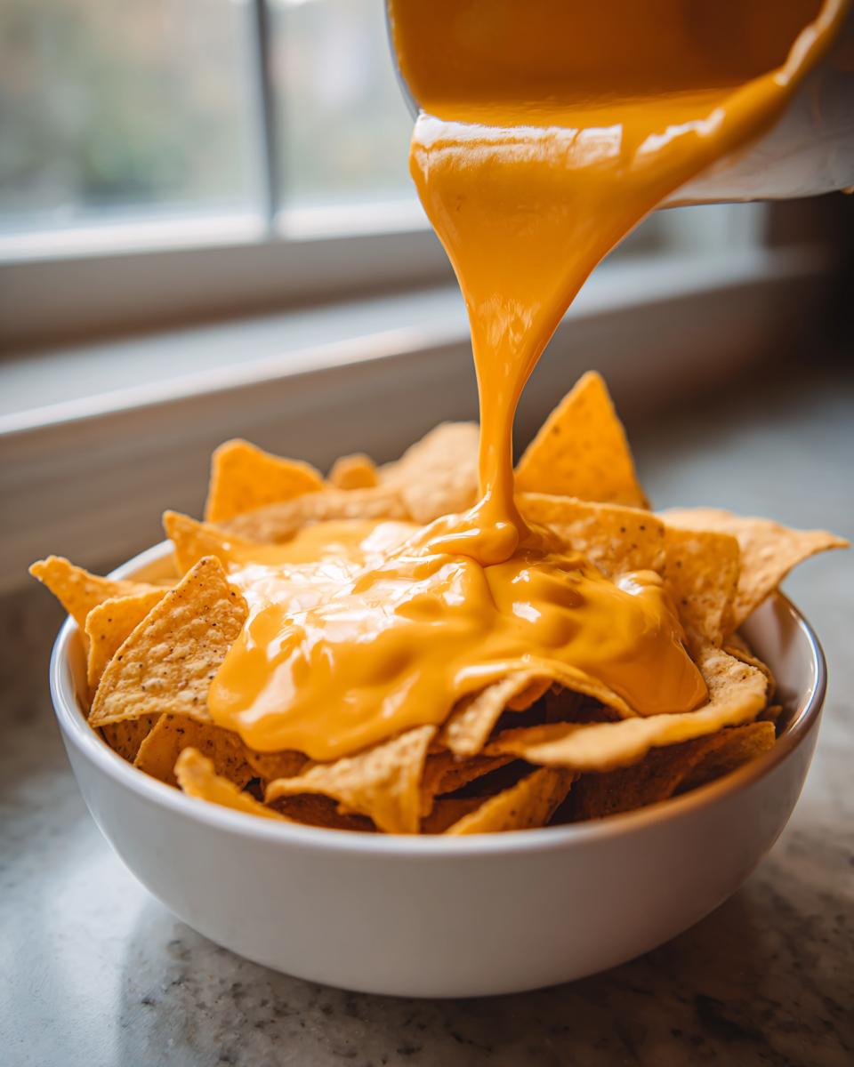 Close-up of rich, bright orange nacho cheese being poured from a small pot onto a bowl of tortilla chips.