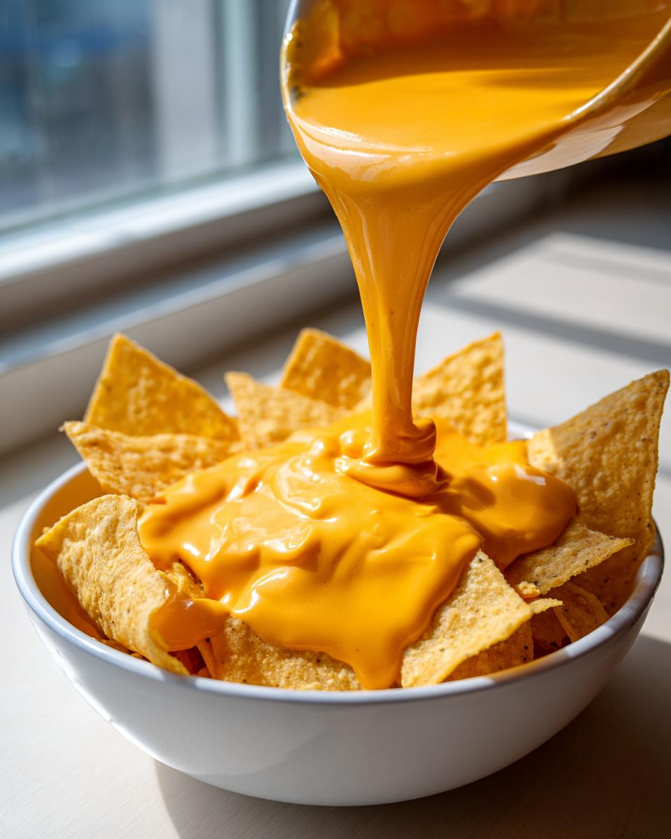 Thick, bright orange nacho cheese being poured from a ladle onto a bowl of tortilla chips.