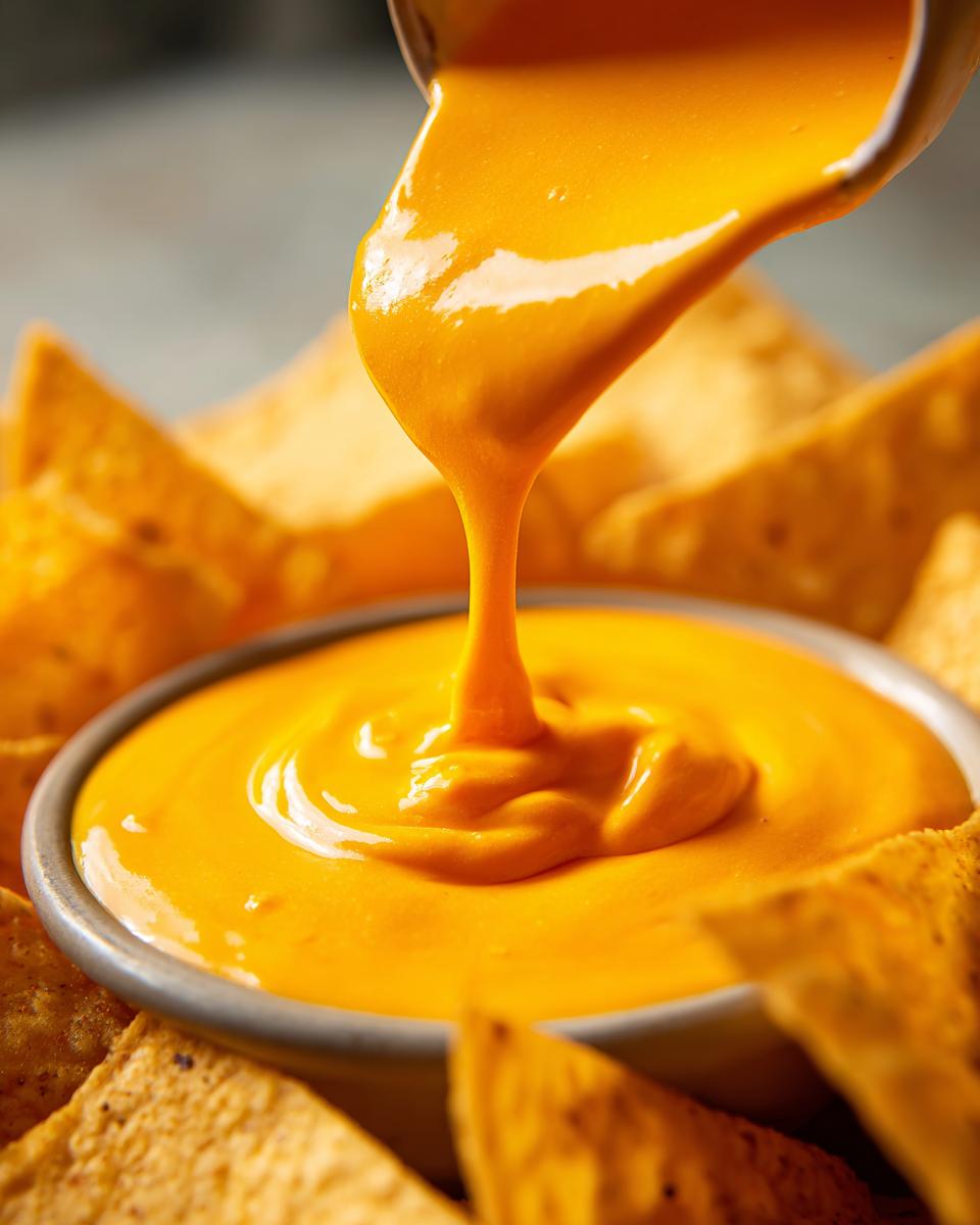 Close-up of creamy, bright orange nacho cheese sauce being poured into a bowl surrounded by tortilla chips.
