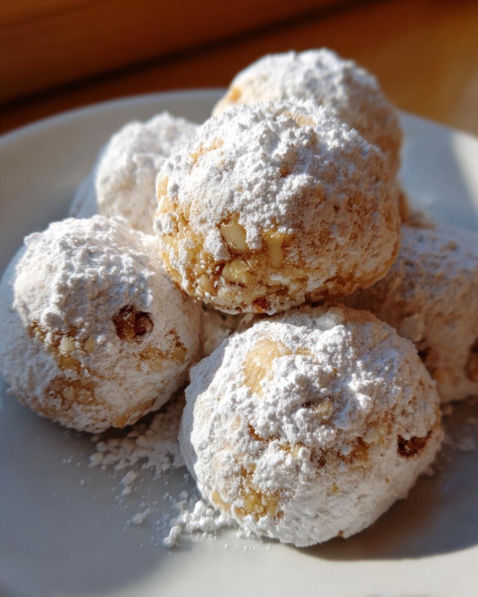 A close-up of several delicious russian tea cakes heavily dusted with powdered sugar on a white plate.