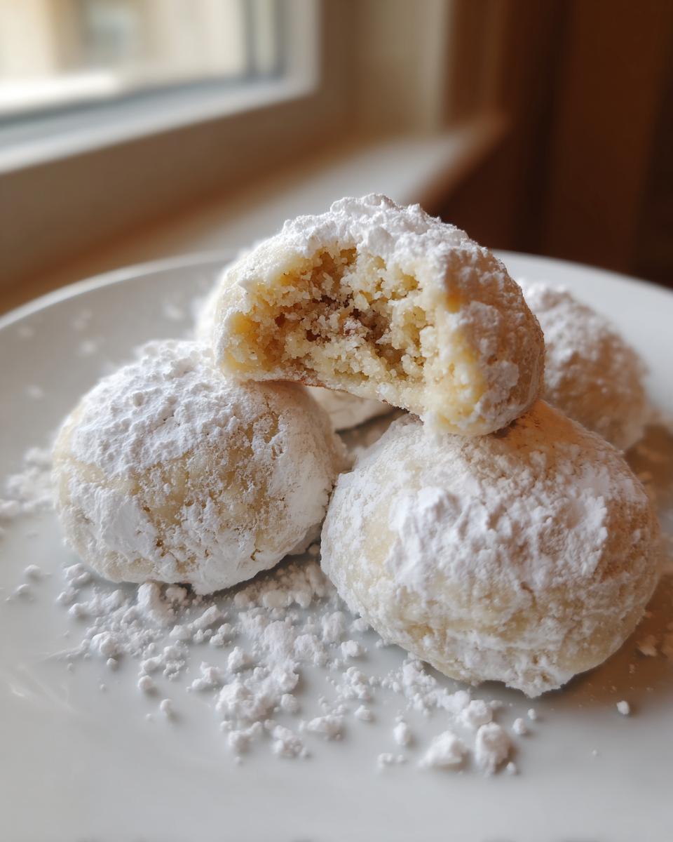 Close-up of several soft russian tea cakes heavily dusted with powdered sugar, one is broken open showing the nutty interior.