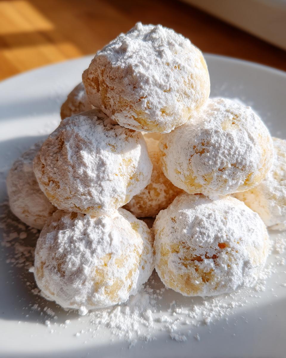 Close-up of several delicious russian tea cakes stacked on a white plate, heavily dusted with powdered sugar.