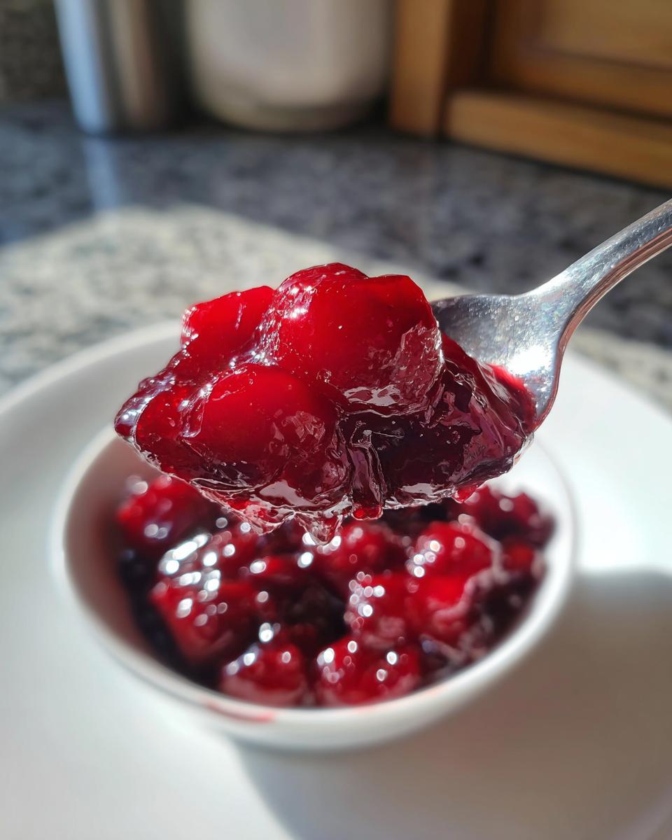 Close-up of a spoonful of glistening, thick cherry pie filling being lifted from a small white bowl.