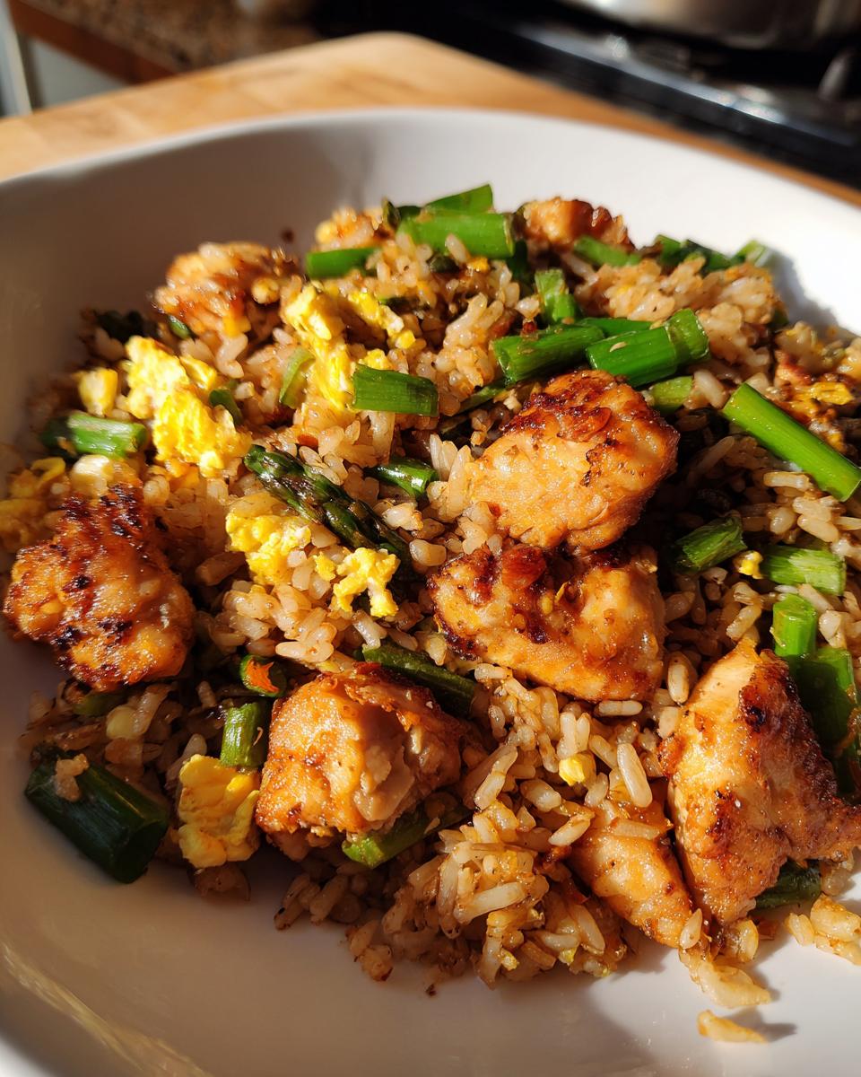 A close-up view of savory chicken fried rice featuring browned chicken pieces, scrambled egg, and bright green scallions.