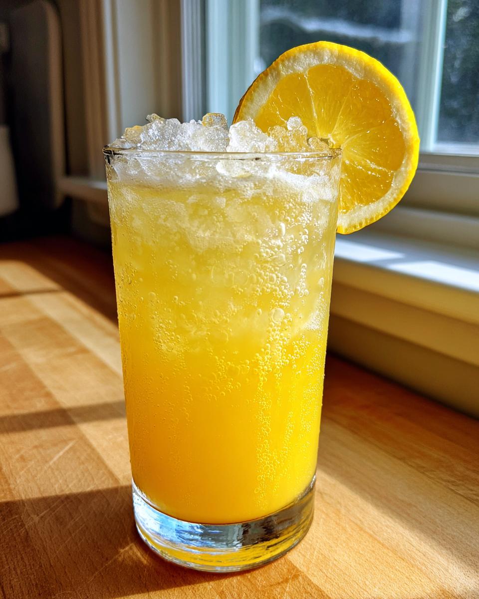 A tall glass filled with bright yellow, bubbly homemade lemonade, topped with crushed ice and a citrus slice.