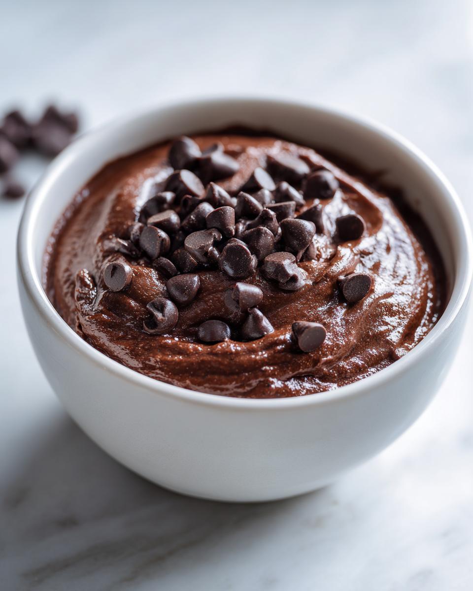 Close-up of thick, rich brownie batter dip topped generously with dark chocolate chips in a white bowl.
