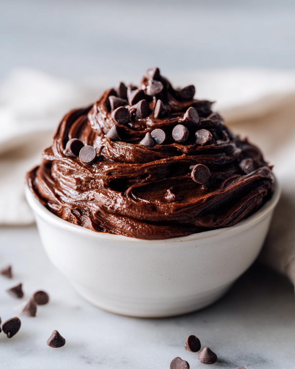 A close-up of rich, swirled brownie batter dip in a white bowl, topped with mini chocolate chips.